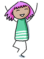 young atma character with pink hair and green and white stripy dress smiling next to the word do