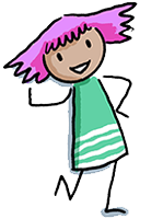young atma character with pink hair and green and white stripy dress smiling next to the word watch