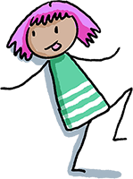 young atma character, pink short hair and green and white stripey dress, leaning on young atma lettering